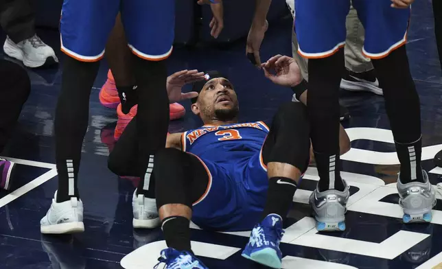 New York Knicks guard Josh Hart (3) reacts after being fouled by Indiana Pacers forward Obi Toppin during the second half of Game 6 of the Eastern Conference finals of the NBA basketball playoffs in Indianapolis, Saturday, May 31, 2025. (AP Photo/Michael Conroy)