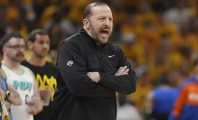 New York Knicks head coach Tom Thibodeau yells from the sideline during the first half of Game 6 of the Eastern Conference finals of the NBA basketball playoffs against the Indiana Pacers in Indianapolis, Saturday, May 31, 2025. (AP Photo/Michael Conroy)