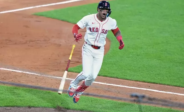 Boston Red Sox's Ceddanne Rafaela celebrates his two-run homer in the sixth inning of a baseball game against the Los Angeles Angels, Tuesday, June 3, 2025, in Boston. (AP Photo/Robert F. Bukaty)