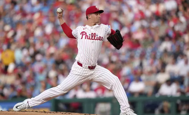 Philadelphia Phillies' Mick Abel pitches during the second inning of a baseball game against the Chicago Cubs Tuesday, June 10, 2025, in Philadelphia. (AP Photo/Matt Slocum)