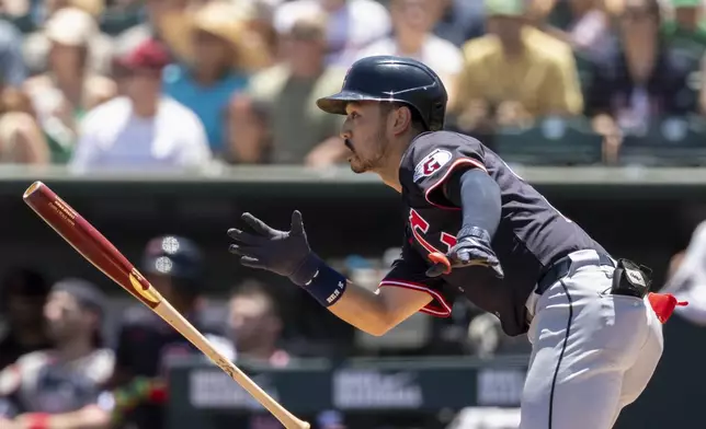 Cleveland Guardians' Steven Kwan hits a single during the first inning of a baseball game against the Athletics, Sunday, June 22, 2025, in West Sacramento, Calif. (AP Photo/Sara Nevis)