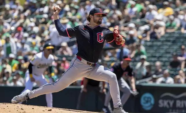 Cleveland Guardians pitcher Slade Cecconi throws to the Athletics during the first inning of a baseball game Sunday, June 22, 2025, in West Sacramento, Calif. (AP Photo/Sara Nevis)