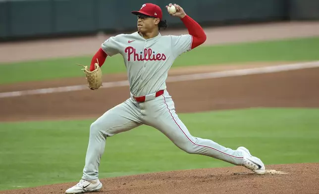 Philadelphia Phillies pitcher Jesús Luzardo delivers in the first inning of a baseball game against the Atlanta Braves, Saturday, June 28, 2025, in Atlanta. (AP Photo/Colin Hubbard)