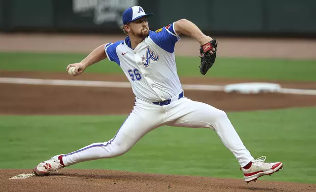 Atlanta Braves pitcher Spencer Schwellenbach (56) delivers in the first inning of a baseball game against the Philadelphia Phillies, Saturday, June 28, 2025, in Atlanta. (AP Photo/Colin Hubbard)