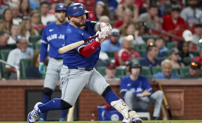 Toronto Blue Jays' Alejandro Kirk hits a solo home run during the eighth inning of a baseball game against the St. Louis Cardinals, Monday, June 9, 2025, in St. Louis. (AP Photo/Scott Kane)