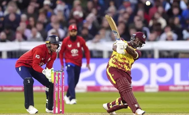 West Indies' Evin Lewis bats during the first men's international Twenty20 match between England and West Indies at Banks Homes Riverside, Chester-le-Street, England, Friday June 6, 2025. (Owen Humphreys/PA via AP)