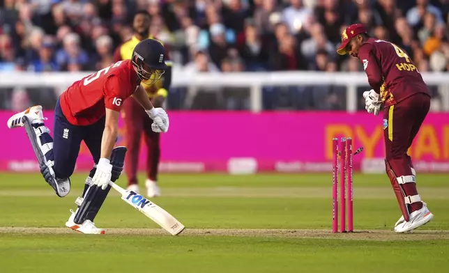 England's Will Jacks is run out during the first men's international Twenty20 match between England and West Indies at Banks Homes Riverside, Chester-le-Street, England, Friday June 6, 2025. (Owen Humphreys/PA via AP)