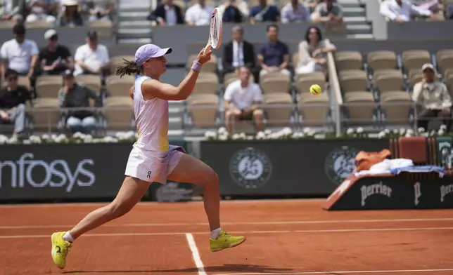 Poland's Iga Swiatek plays a shot against Ukraine's Elina Svitolina during their quarterfinal match of the French Tennis Open at the Roland-Garros stadium in Paris, Tuesday, June 3, 2025. (AP Photo/Christophe Ena)