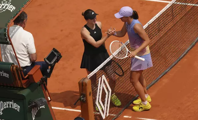 Winner Poland's Iga Swiatek, right, and Ukraine's Elina Svitolina shake hands after their quarterfinal match of the French Tennis Open at the Roland-Garros stadium in Paris, Tuesday, June 3, 2025. (AP Photo/Aurelien Morissard)