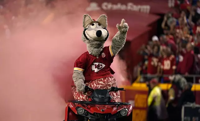 FILE - The Kansas City Chiefs mascot, KC Wolf, is seen, before the start of an NFL football game between the Kansas City Chiefs and the Buffalo Bills Sunday, Oct. 10, 2021, in Kansas City, Mo. (AP Photo/Charlie Riedel, File)