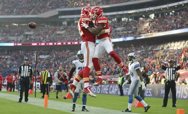 FILE - Kansas City Chiefs wide receiver De'Anthony Thomas (13), right, celebrates after scoring a touchdown during the NFL football game between Detroit Lions and Kansas City Chiefs at the Wembley Stadium in London, England, Sunday, Nov. 1, 2015. (AP Photo/Tim Ireland, File)