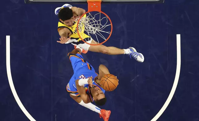 Oklahoma City Thunder guard Aaron Wiggins (21) attempts a shot against Indiana Pacers guard Ben Sheppard (26) during the second half of Game 6 of the NBA Finals basketball series, Thursday, June 19, 2025, in Indianapolis. (Maddie Meyer/Pool Photo via AP)
