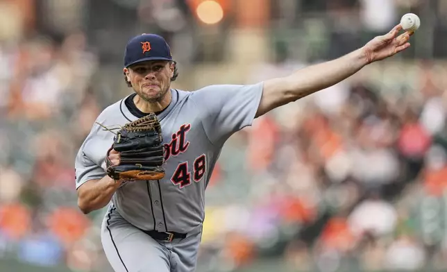 Detroit Tigers starting pitcher Brant Hurter (48) delivers during the first inning of a baseball game against the Baltimore Orioles, Tuesday, June 10, 2025, in Baltimore. (AP Photo/Stephanie Scarbrough)