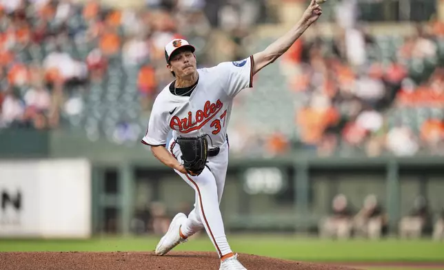 Baltimore Orioles starting pitcher Cade Povich (37) delivers during the first inning of a baseball game against the Detroit Tigers, Tuesday, June 10, 2025, in Baltimore. (AP Photo/Stephanie Scarbrough)