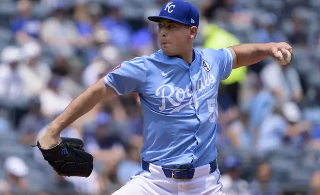 Kansas City Royals starting pitcher Kris Bubic throws to a Detroit Tigers batter during the first inning of a baseball game in Kansas City, Mo., Sunday, June 1, 2025. (AP Photo/Reed Hoffmann)