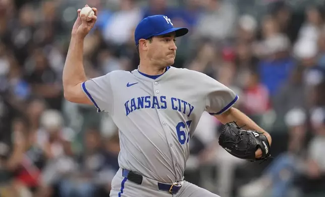 Kansas City Royals starting pitcher Seth Lugo (67) throws against the Chicago White Sox during the first inning of a baseball game, Friday, June 6, 2025, in Chicago. (AP Photo/Erin Hooley)