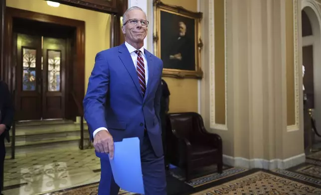 Senate Majority Leader John Thune, R-S.D., strides from the chamber after speaking about the reconciliation process to advance President Donald Trump's spending and tax bill, at the Capitol in Washington, Tuesday, June 3, 2025. (AP Photo/J. Scott Applewhite)