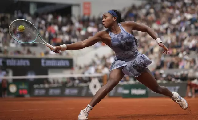 Coco Gauff of the U.S. plays a shot against Aryna Sabalenka of Belarus during their final match of the French Tennis Open at the Roland-Garros stadium in Paris, Saturday, June 7, 2025. (AP Photo/Christophe Ena)