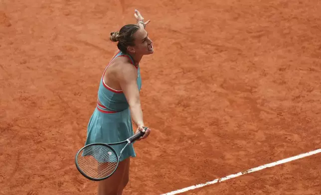 Aryna Sabalenka of Belarus reacts during the final match of the French Tennis Open at the Roland-Garros against United States' Coco Gauff in Paris, Saturday, June 7, 2025. (AP Photo/Thibault Camus)