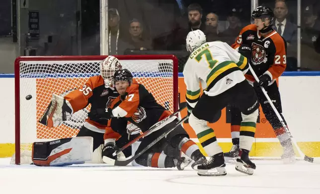 London Knights' Easton Cowan (7) scores on Medicine Hat Tigers goaltender Harrison Meneghin (35) while Oasiz Wiesblatt (7) defends during second period Memorial Cup final hockey action, in Rimouski, Que., on Sunday, June 1, 2025. (Christopher Katsarov/The Canadian Press via AP)
