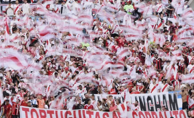 River Plate supporters wave flags ahead of the Club World Cup Group E soccer match between Inter Milan and River Plate in Seattle, Wednesday, June 25, 2025. (AP Photo/Ryan Sun)