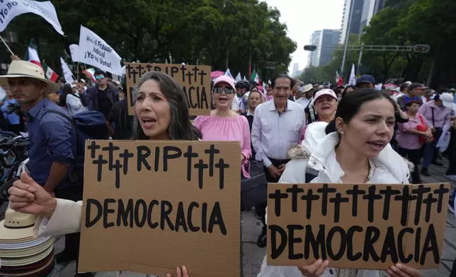 Demonstrators shouts slogans against the country's first judicial elections, while holding signs that read in Spanish, "RIP Democracy" at a protest by the Angel of Independence in Mexico City, Sunday, June 1, 2025. (AP Photo/Fernando Llano)
