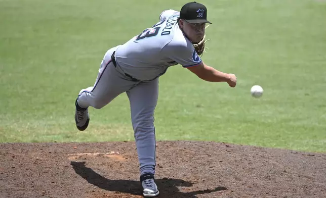 Miami Marlins pitcher Valente Bellozo throws to home plate during the fifth inning of a baseball game against the Tampa Bay Rays, Sunday, June 8, 2025 in Tampa, Fla. (AP Photo/Phelan M. Ebenhack)