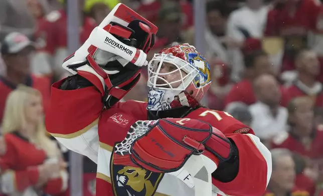 Florida Panthers goaltender Sergei Bobrovsky (72) takes a break during the first period of Game 6 of the NHL hockey Stanley Cup Final against the Edmonton Oilers, Tuesday, June 17, 2025, in Sunrise, Fla. (AP Photo/Lynne Sladky)