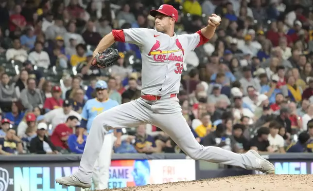 St. Louis Cardinals pitcher Steven Matz throws during the seventh inning of a baseball game against the Milwaukee Brewers, Friday, June 13, 2025, in Milwaukee. (AP Photo/Kayla Wolf)
