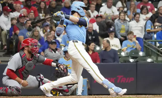 Milwaukee Brewers' Christian Yelich hits an RBI single during the sixth inning of a baseball game against the St. Louis Cardinals, Friday, June 13, 2025, in Milwaukee. (AP Photo/Kayla Wolf)