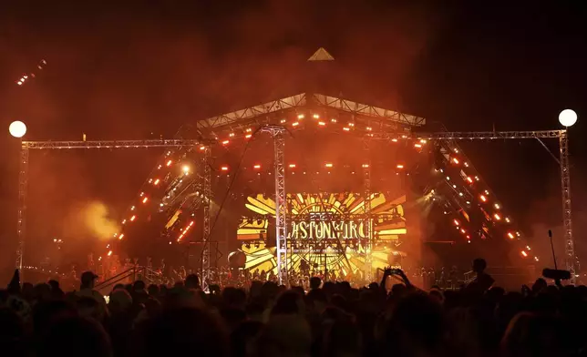 Pyramid Stage at the Glastonbury Festival on Worthy Farm, in Somerset, England, Wednesday, June 25, 2025. (Scott A Garfitt/Invision/AP)