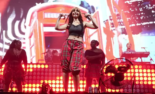 PinkPantheress performs during the Glastonbury Festival in Worthy Farm, Somerset, England, Friday, June 27, 2025. (Scott A Garfitt/Invision/AP)