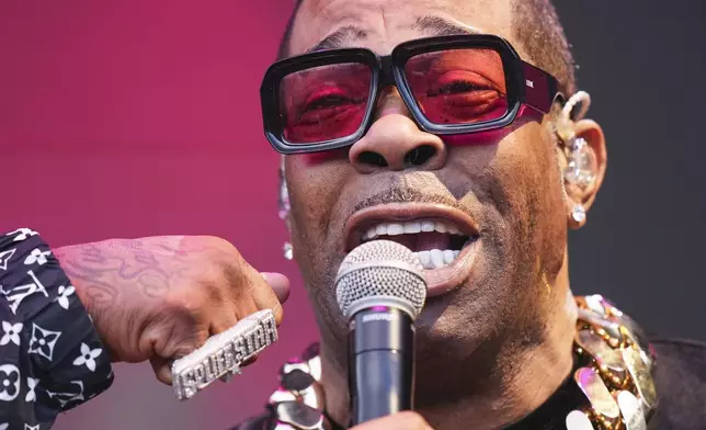 Busta Rhymes during the Glastonbury Festival in Worthy Farm, Somerset, England, Friday, June 27, 2025. (Scott A Garfitt/Invision/AP)
