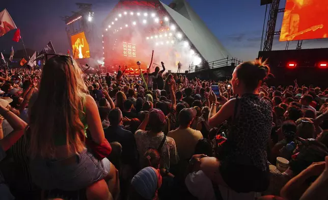 Olivia Rodrigo performs on the Pyramid Stage during the Glastonbury Festival at Worthy Farm in Somerset, England, Sunday, June 29, 2025. (Ben Birchall/PA via AP)