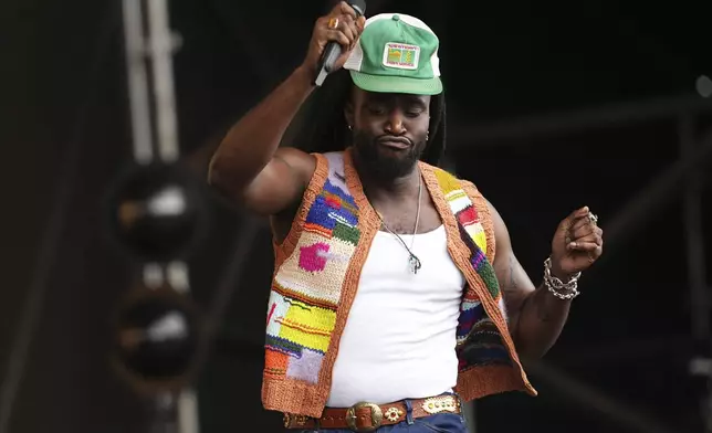 Shaboozey performs during the Glastonbury Festival in Worthy Farm, Somerset, England, Sunday, June 29, 2025. (Scott A Garfitt/Invision/AP)