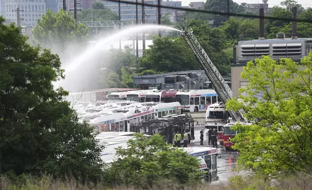 Firefighters battle a blaze at a Southeastern Pennsylvania Transportation Authority facility in Philadelphia, Thursday, June 5, 2025. (AP Photo/Matt Rourke)