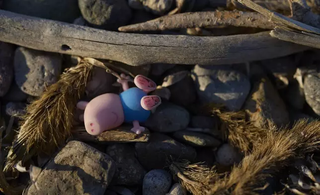George Pig, a figure toy from Peppa Pig cartoon, is seen in Skala Sykamias shores, a small village on Lesbos, Greece, Wednesday, May 14, 2025. (AP Photo/Petros Giannakouris)