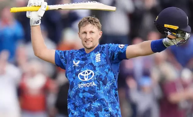 England's Joe Root celebrates after hitting the winning runs after the second One Day International cricket match between West Indies and England at Sophia Gardens, Cardiff, Wales, Sunday, June 1, 2025. (Nick Potts/PA via AP)
