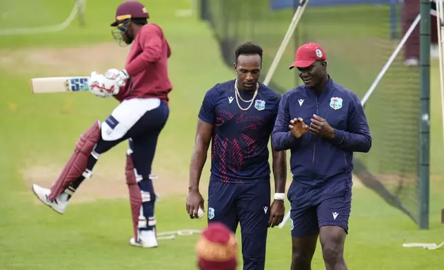 West Indies' head coach, right, Daren Sammy and Matthew Ford attend a nets session at Sophia Gardens, Cardiff, Wales, Saturday May 31, 2025. (Nick Potts/PA via AP)