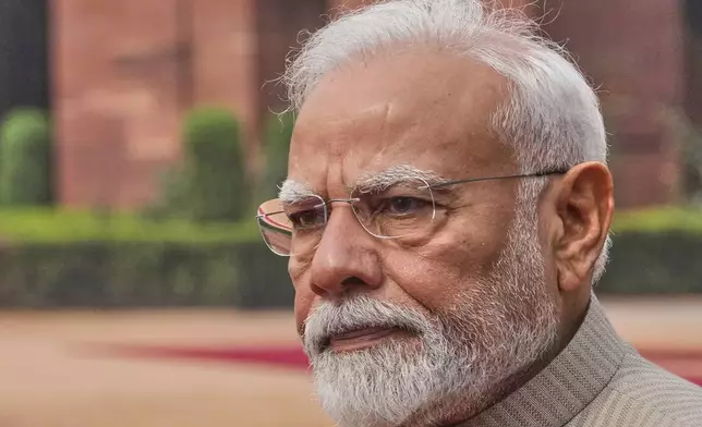 FILE - Indian Prime Minister Narendra Modi arrives for the ceremonial reception of the visiting Angol's President João Lourenco at the Indian presidential palace in New Delhi, India, May 3, 2025. (AP Photo/Manish Swarup, File)