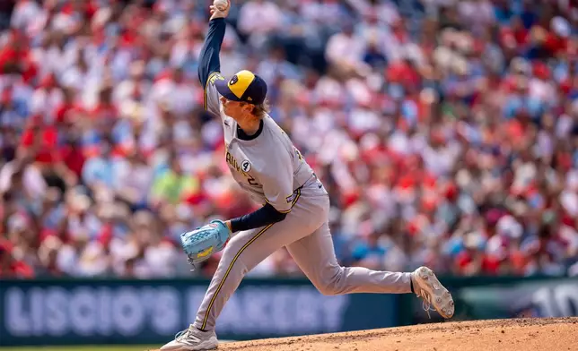 Milwaukee Brewers relief pitcher Nick Mears delivers during the sixth inning of a baseball game against the Philadelphia Phillies, Sunday, June 1, 2025, in Philadelphia. (AP Photo/Chris Szagola)