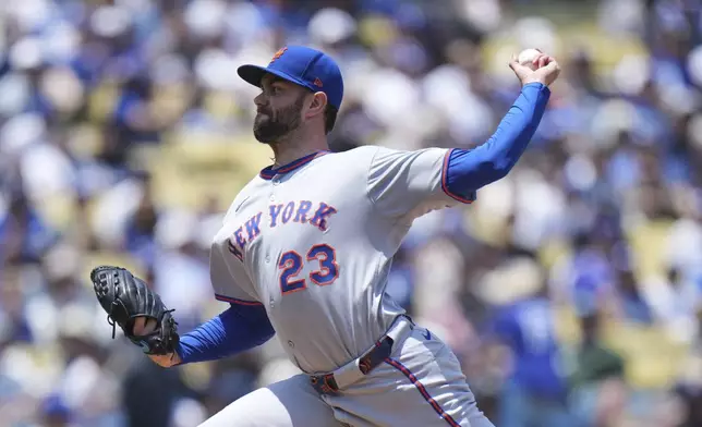 New York Mets starting pitcher David Peterson (23) throws against the Los Angeles Dodgers during the first inning of a baseball game Thursday, June 5, 2025, in Los Angeles. (AP Photo/Jae C. Hong)