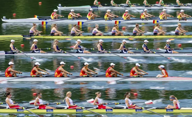 The teams of Australia, Romania, Germany, the United States, China and Poland, from top, compete in the Women's Eight preliminary race on the first day of the 2025 World Rowing Cup at Rotsee in Lucerne, Switzerland, on Friday, June 27, 2025. (Philipp Schmidli/Keystone via AP)