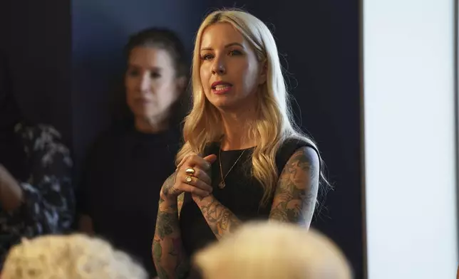 Hannah Shaw, kitten rescuer and advocate / founder of Kitten Lady speaks on Wednesday, June 4, 2025, at the Associated Press bureau in New York. (AP Photo/Mary Conlon)