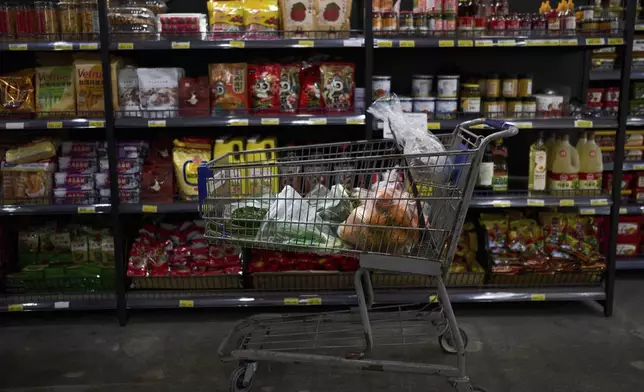 FILE - A shopping cart filled with groceries sits in an aisle at an Asian grocery store in Rowland Heights, Calif., Thursday, April 3, 2025. (AP Photo/Jae C. Hong, File)
