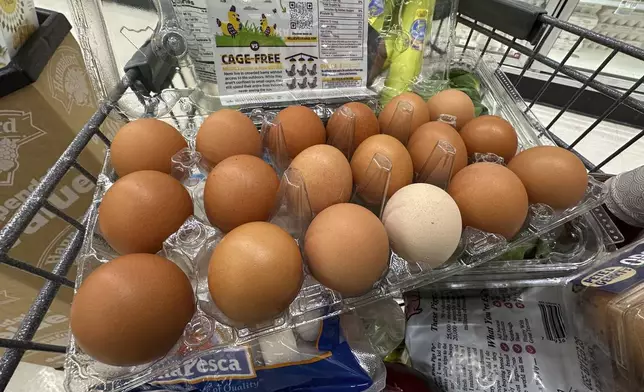 FILE - Eggs sit in a container in a shopping cart at grocery store, Monday, Jan. 27, 2025, in Windham, Maine. (AP Photo/Robert F. Bukaty, File)