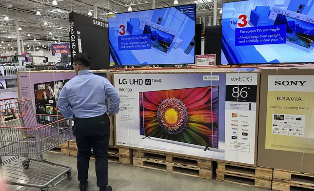 FILE - A shopper considers large-screen televisions on display in a Costco warehouse Oct. 3, 2024, in Timnath, Colo. (AP Photo/David Zalubowski, File)