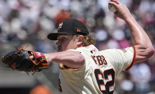 San Francisco Giants' Logan Webb pitches to an Atlanta Braves batter during the fourth inning of a baseball game Saturday, June 7, 2025, in San Francisco. (AP Photo/Godofredo A. Vásquez)