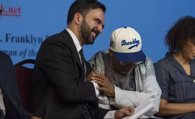 Spike Lee, right, and Democratic mayoral candidate Zohran Mamdani, left, react during the National Action Network's Saturday action rally at House of Justice in Harlem, Saturday, June 28, 2025, in New York. (AP Photo/Yuki Iwamura)
