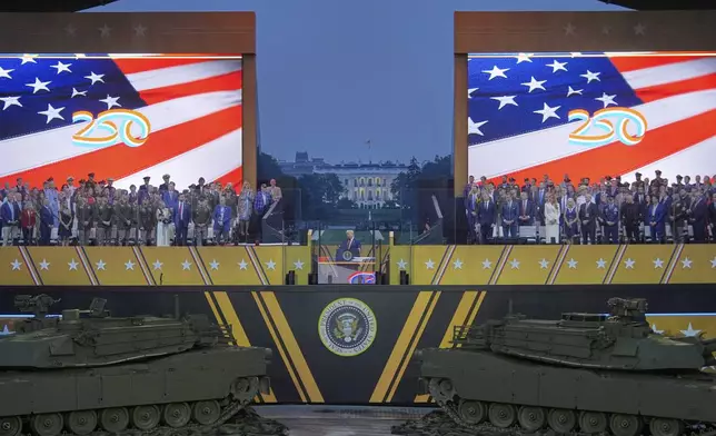President Donald Trump speaks during a military parade commemorating the Army's 250th anniversary Saturday, June 14, 2025, in Washington. (AP Photo/Julia Demaree Nikhinson)